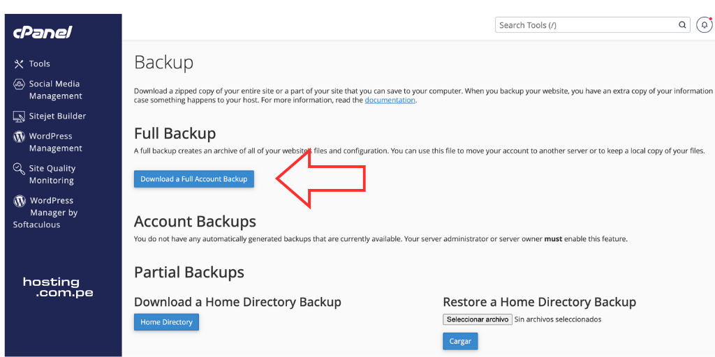 Pasos para crear una copia de seguridad en cPanel.