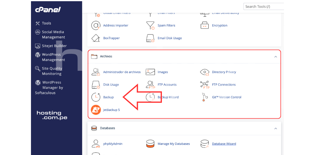 copia de seguridad en cpanel seccion archivos