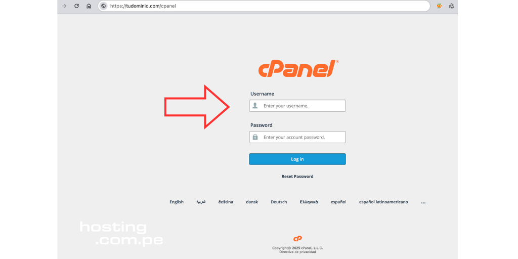 Pantalla de inicio de sesión de cPanel con usuario y contraseña